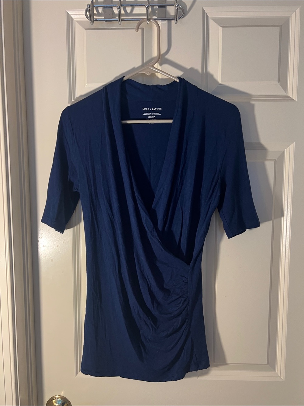 Lord & Taylor Navy Wrap-Front Short Sleeve Blouse